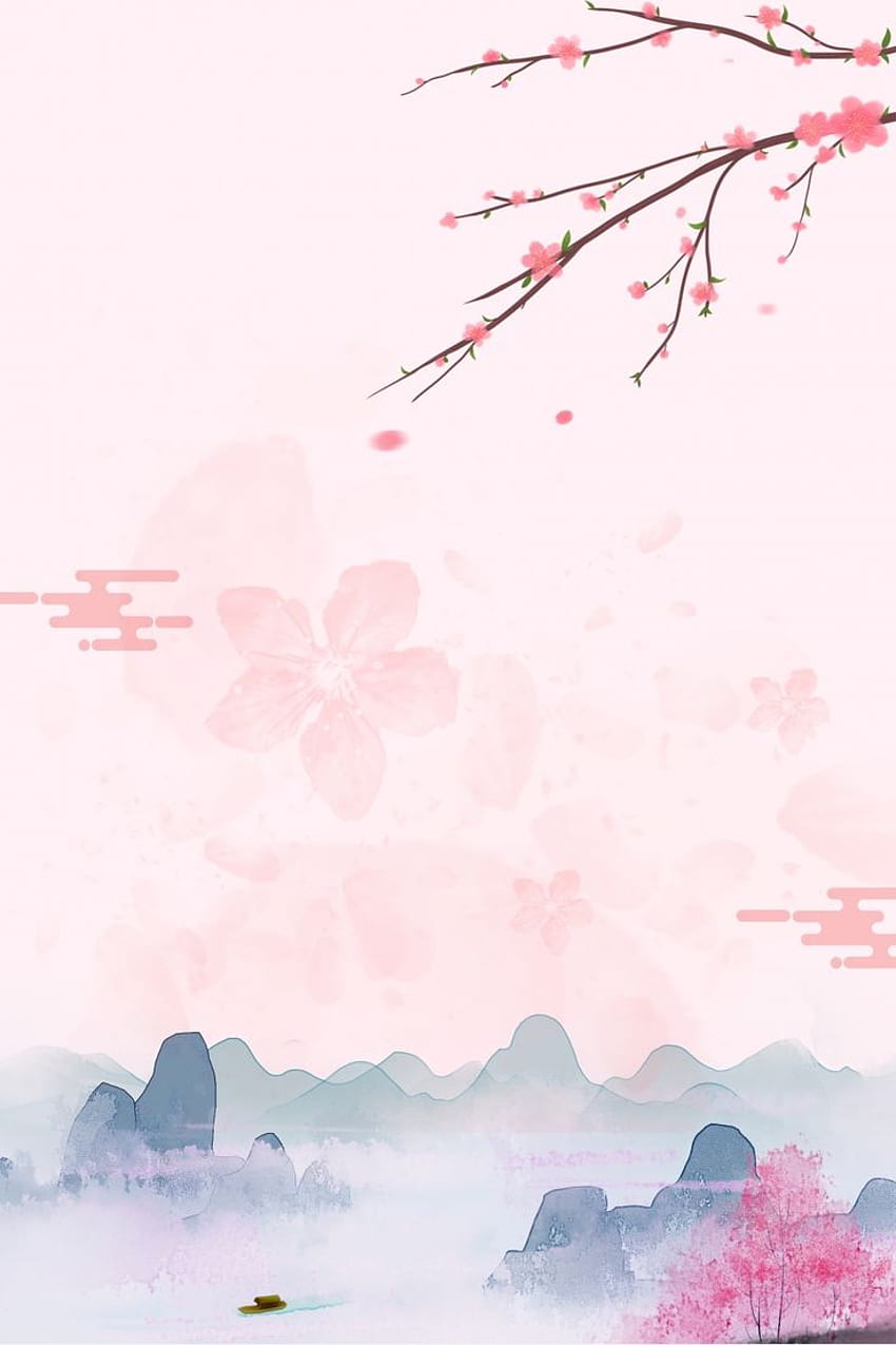 Rosa Frühlings-Blumen-Betrachtungs-Aprikosen-Blumen-ferner Gebirgshintergrund der chinesischen Art, Frühlingszeichnungsfarbe HD-Handy-Hintergrundbild