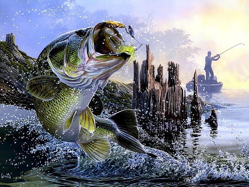 Bass Fishing Painting, smallmouth bass HD wallpaper