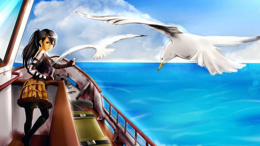 Art Sea Girl Boat Gulls Birds, girl on boat HD wallpaper
