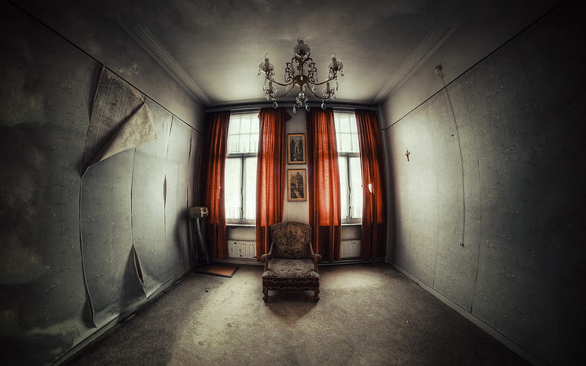 Gothic drak horror scary spooky creepy furniture window drapes chair mood chandelier light sunlight urban decay ruin abandonment, scary room HD wallpaper