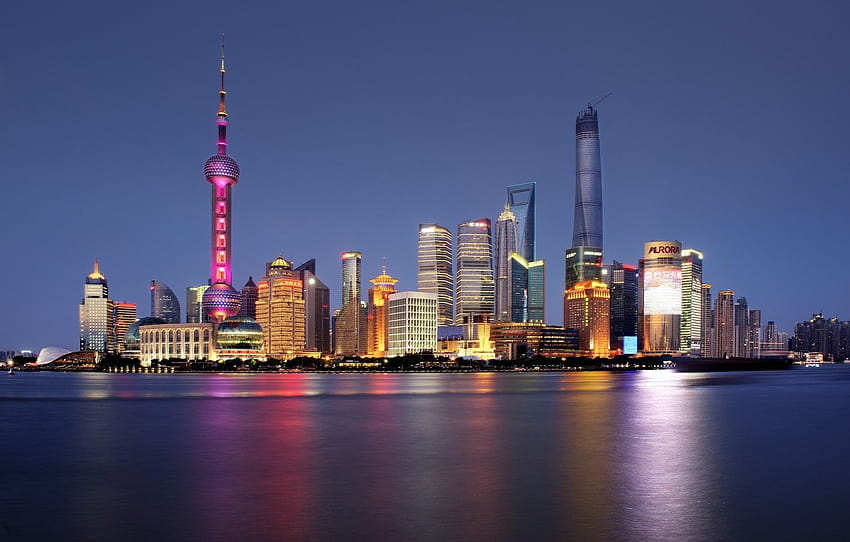 rzeka, horyzont, Chiny, Szanghaj, Oriental Pearl Tower, Shanghai Tower, Shanghai World Financial Center, rzeka Huangpu , sekcja город Tapeta HD
