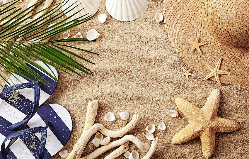 sabbia, spiaggia, estate, conchiglia, cappello, infradito , sezione настроения, infradito estivo Sfondo HD