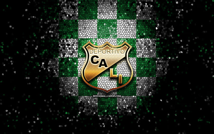 Deportivo Cali FC, glitter logo, Categoria Primera A, green white checkered background, soccer, colombian football club, Deportivo Cali logo, mosaic art, football, Deportivo Cali, Asociacion Deportivo Cali with HD wallpaper
