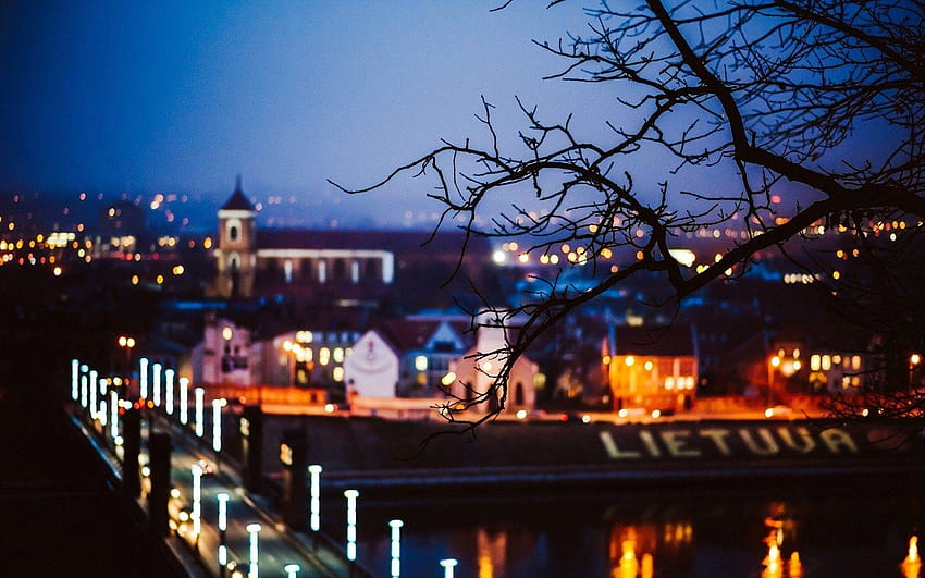 ponte, noite da cidade, kaunas, lietuva, luzes, lituânia papel de parede HD