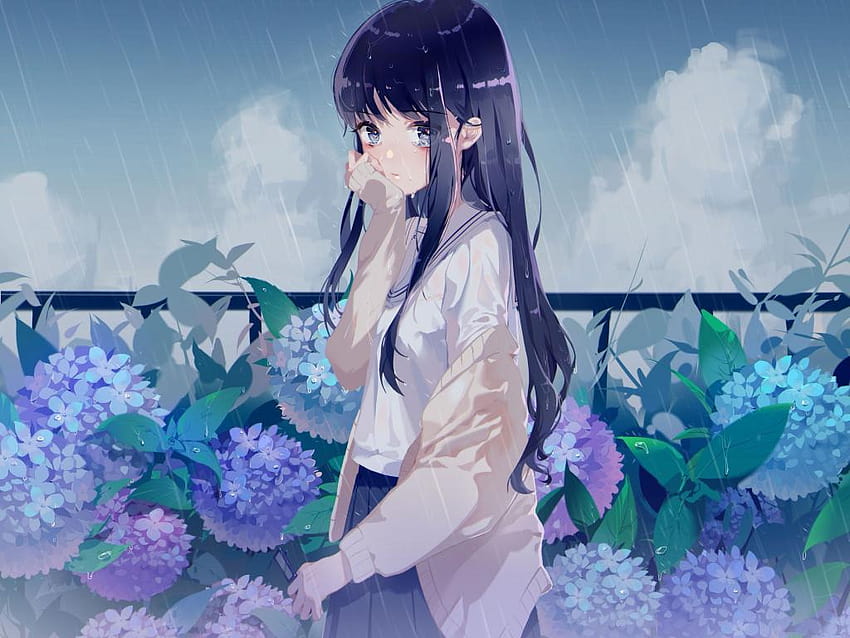 Rain Cute Anime Girl Flowers, anime sad girl scenery HD wallpaper | Pxfuel