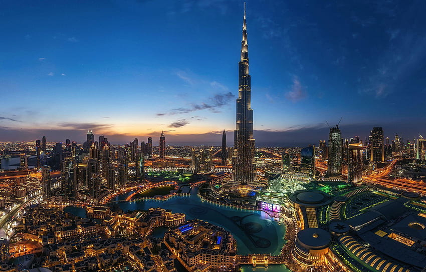 Дубай Градове Обединени арабски емирства Панорама Burj Khalifa Sunset Sky HD тапет