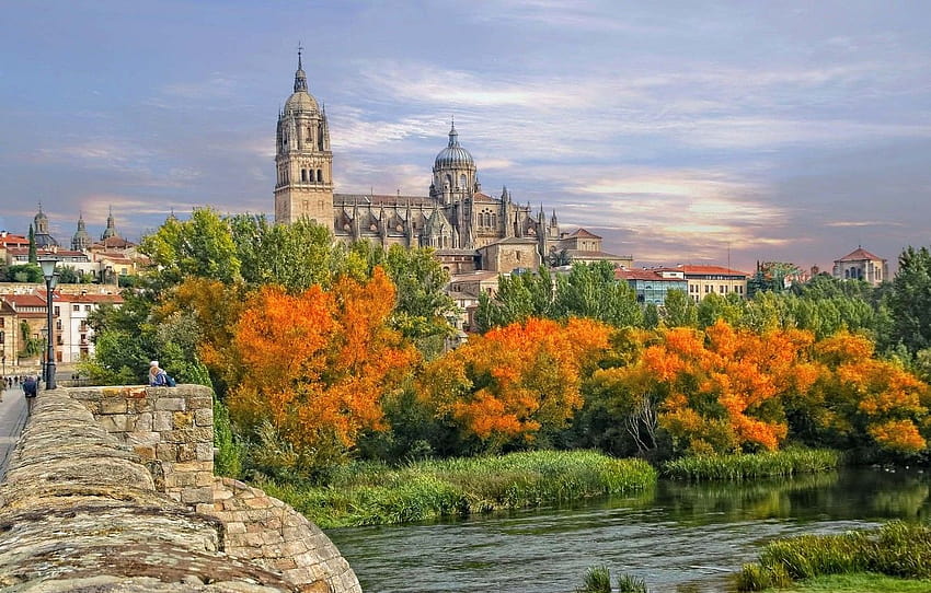 autumn, trees, bridge, river, Cathedral, Spain, the parapet, Spain, Salamanca, Salamanca, New Cathedral of Salamanca, Tormes River, the river Tormes, New Cathedral of Salamanca , section город, autumn in spain HD wallpaper