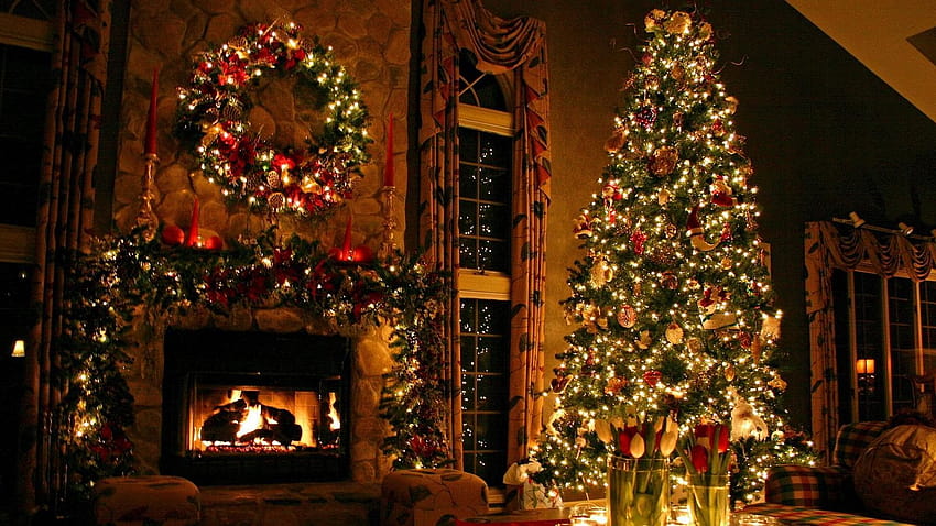 1600x900 christmas tree, ornaments, fireplace, christmas decorations, flowers, home, holiday, comfort 16:9 backgrounds, christmas tree fire place HD wallpaper
