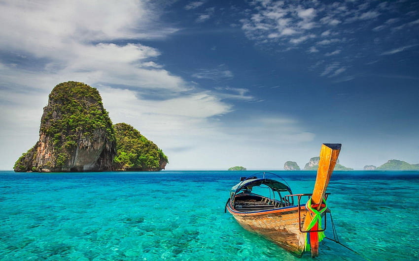 paisaje, playa de Railay, naturaleza, Tailandia, acantilado, piedra caliza, isla, playas de Tailandia con barcos fondo de pantalla