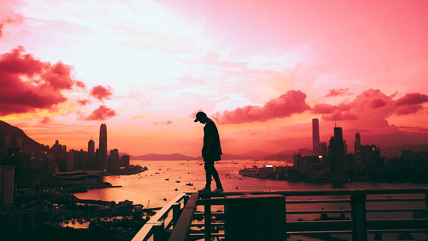 Sendirian, Bayangan Hitam, Cityscape, Kota Hong Kong, Langit Merah Muda, Pencakar Langit, Sungai, Gaya Hidup, Anak Laki-laki Sendirian Wallpaper HD