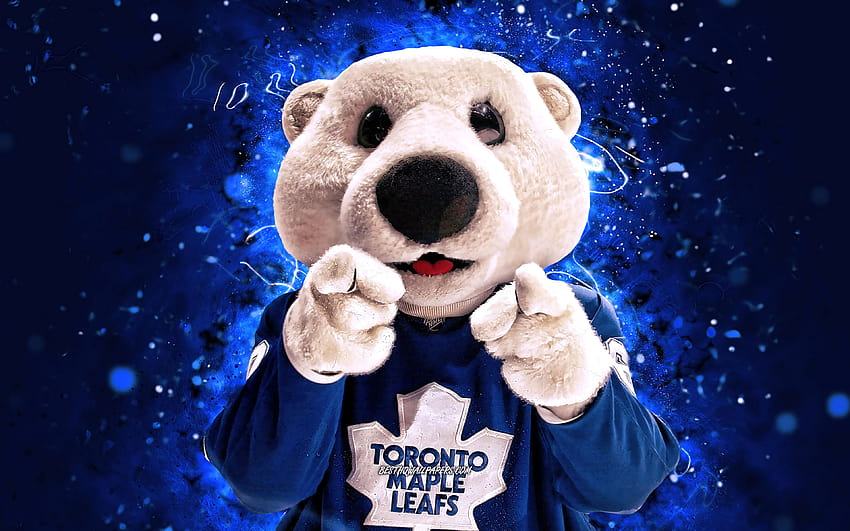 Ayı Carlton, maskot, Toronto Maple Leafs, mavi neon ışıklar, NHL, yaratıcı, ABD, Toronto Maple Leafs maskotu, Carlton, NHL maskotları, resmi maskot, Carlton maskotu 3840x2400 çözünürlüklü, neon ayı HD duvar kağıdı