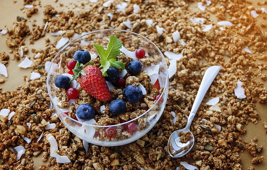berries, Breakfast, muesli, yogurt, granola HD wallpaper