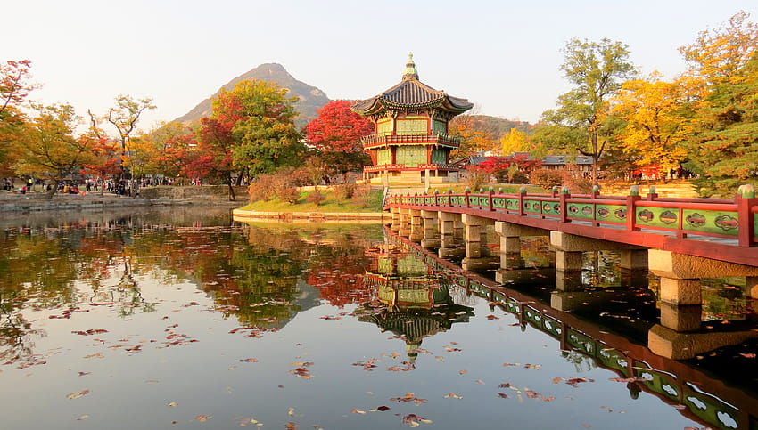 : temple, landscape, fall, old, city, ancient, lake, water, nature, reflection, sky, park, Tourism, evening, morning, pond, Seoul, pagoda, Bank, palace, Chinese architecture, tree, autumn, leaf, plant, leisure, watercourse, reflect, korea, korea autumnn HD wallpaper