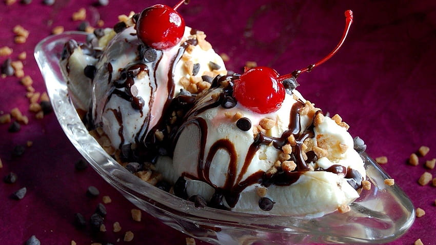 Ice cream with chocolate Nuts and Cherry, ice creams HD wallpaper