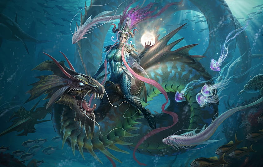 niña, pez, magia, dragón, pelota, arte, medusa, lanza, esfera, mundo submarino, top, Li Or, sección фантастика fondo de pantalla