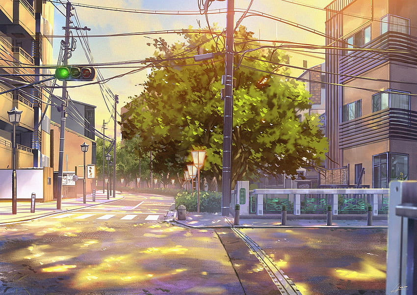 building city clouds niko p original scenic sky sunset tree, anime neighborhood HD wallpaper