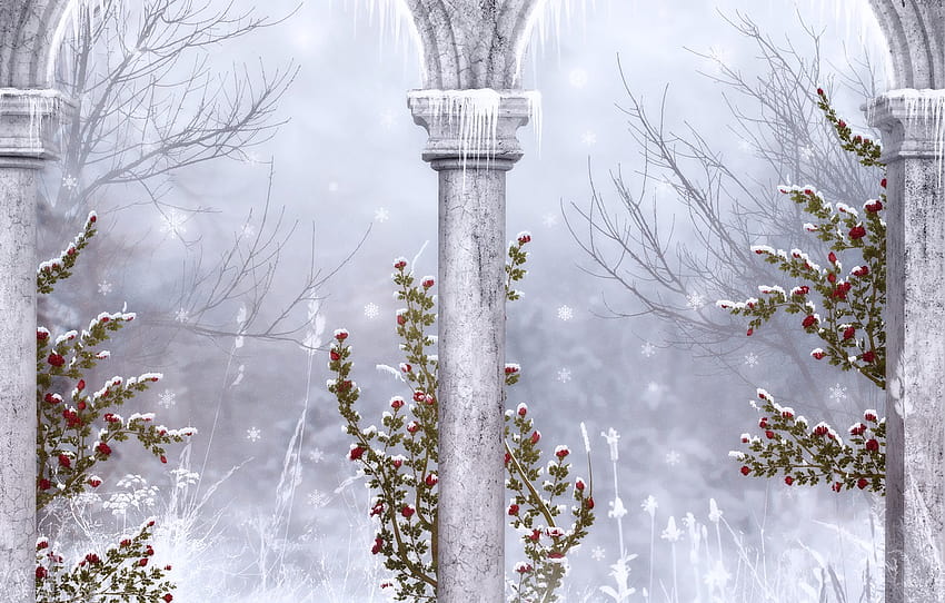 winter, snowflakes, Gothic, icicles, columns, ruins , section разное, gothic winter HD wallpaper