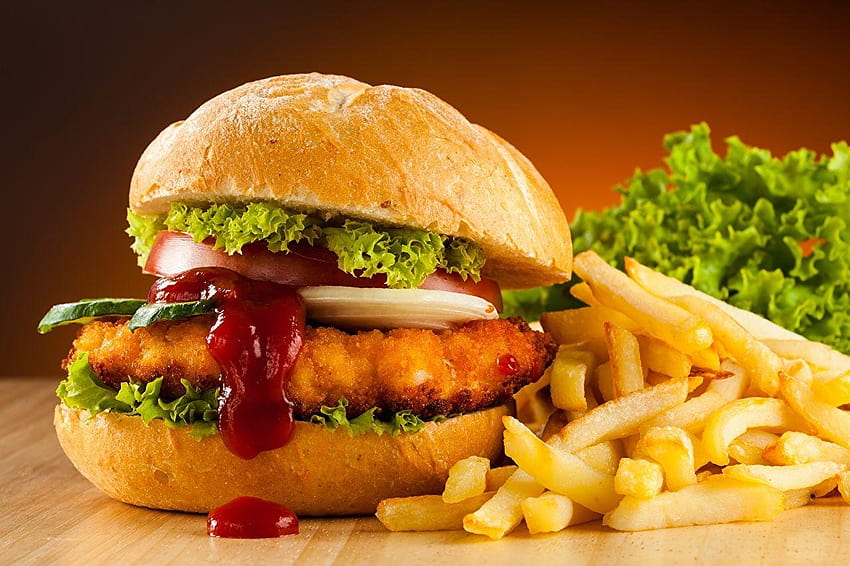 Batatas fritas de hambúrguer Ketchup Fast food Alimentos papel de parede HD