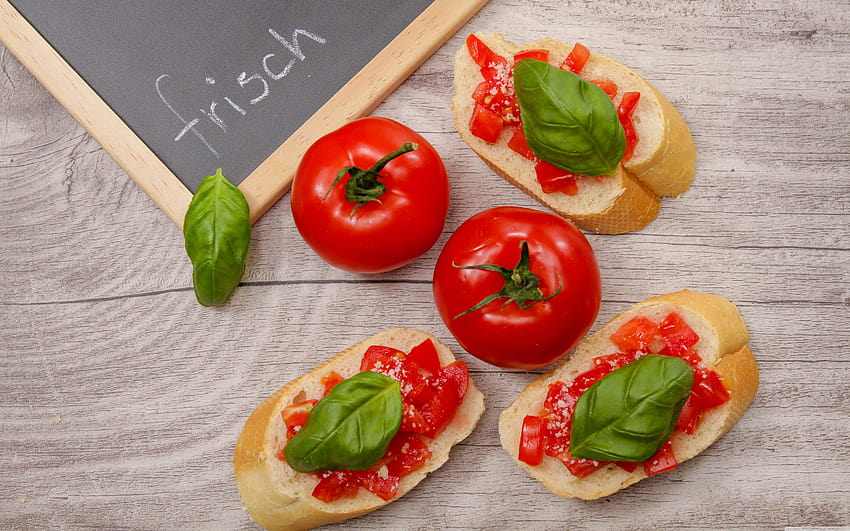 Bruschetta topped with Tomato, Parmesan, Basil ❤, appetizer HD wallpaper