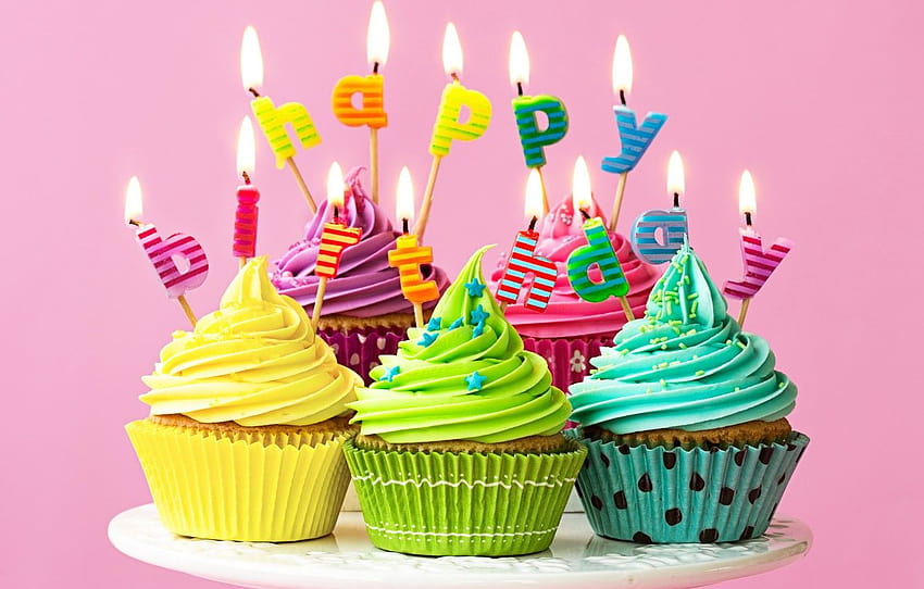 candele, colorato, arcobaleno, torta, crema, Happy Birtay, colori, cupcake, celebrazione, cupcakes, crema, decorazione, candela, Birtay , sezione праздники, torta arcobaleno Sfondo HD
