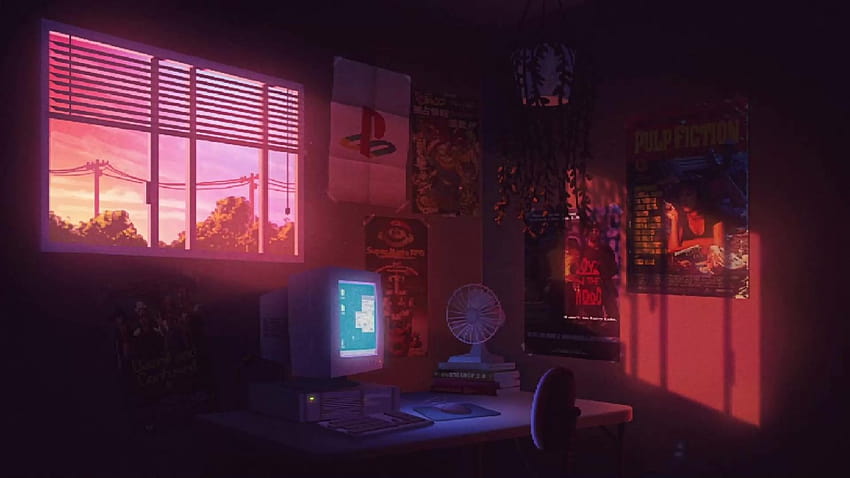 Sunset 90s Room Aesthetic Live, dormitorio de píxeles fondo de pantalla