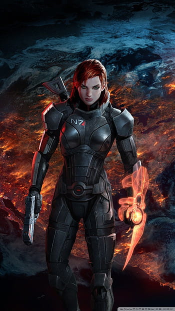 Commander Shepard Redhead Femshep Mass Effect 3 Gun N 7 Earth Armor And Mobile