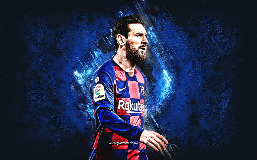 Lionel Messi、FC バルセロナ、ポートレート、ラ リーガ、カタロニア サッカー クラブ、チャンピオンズ リーグ、アルゼンチンのサッカー選手、青い石の背景、解像度 2880x1800 のサッカー。 高品質 高画質の壁紙