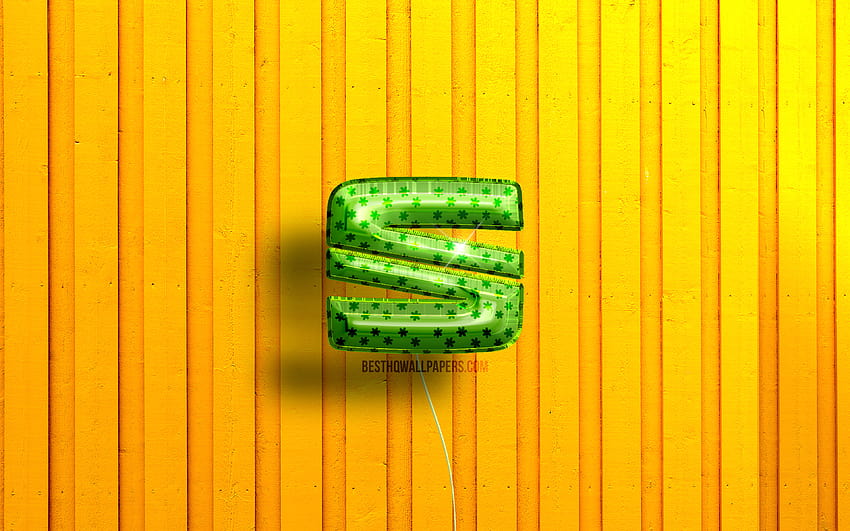 Seat 3D logo, green realistic balloons, yellow wooden backgrounds, cars brands, Seat logo, Seat with resolution 3840x2400. High Quality HD wallpaper