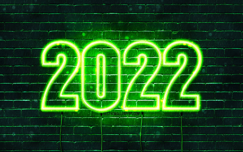 2022 zielone neonowe cyfry, Szczęśliwego Nowego Roku 2022, zielony mur, poziomy tekst, 2022 koncepcje, przewody, 2022 nowy rok, 2022 na zielonym tle, 2022 rok cyfry z rozdzielczością Tapeta HD