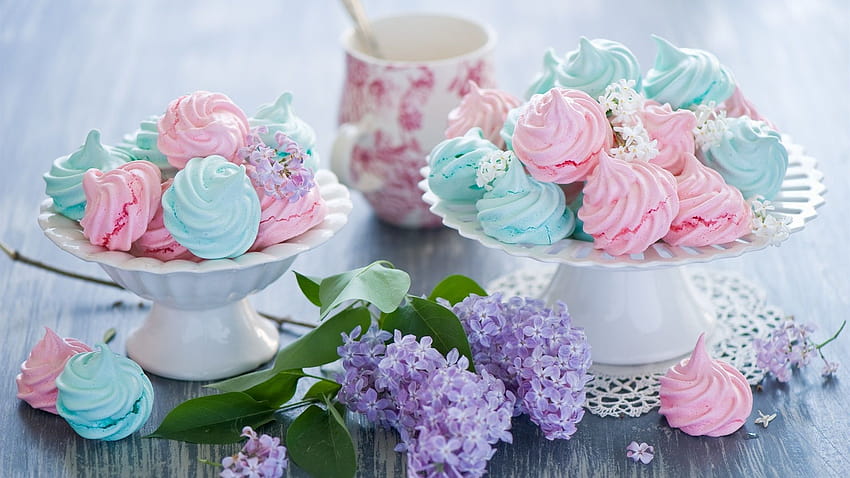 Meringues, sweet cakes, colorful, food, lilac flowers 1920x1200 HD wallpaper