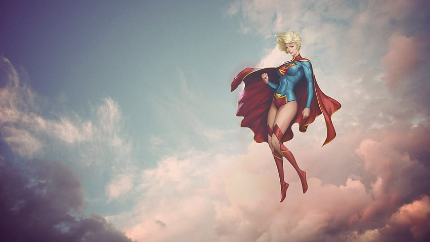 여성, 금발, Artgerm, 슈퍼걸, 판타지 아트, 하늘, 구름, 케이프, 슈퍼 히어로, DC 만화, Superheroines / 및 모바일 배경, 금발 소녀 슈퍼 히어로 HD 월페이퍼