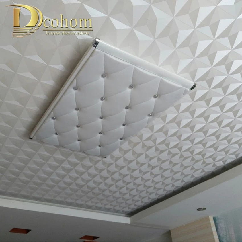 กระดาษติดผนังเพดานไวนิล 3D สเตอริโอสีขาวเพชร PVC ห้องนั่งเล่นตกแต่งห้องนอนเรขาคณิตม้วน วอลล์เปเปอร์โทรศัพท์ HD