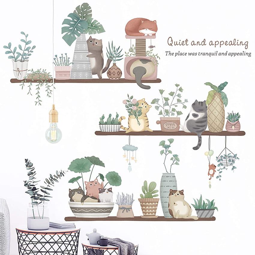 NOA Cute Cat Flowerpot Potted Wall Stickers Decals, Removable Watercolor Green Plants Decor , DIY Art Murals for Living Room Kitchen Nursery Bedroom Home Decoration : Tools & Home Improvement, spring kawaii cat HD phone wallpaper