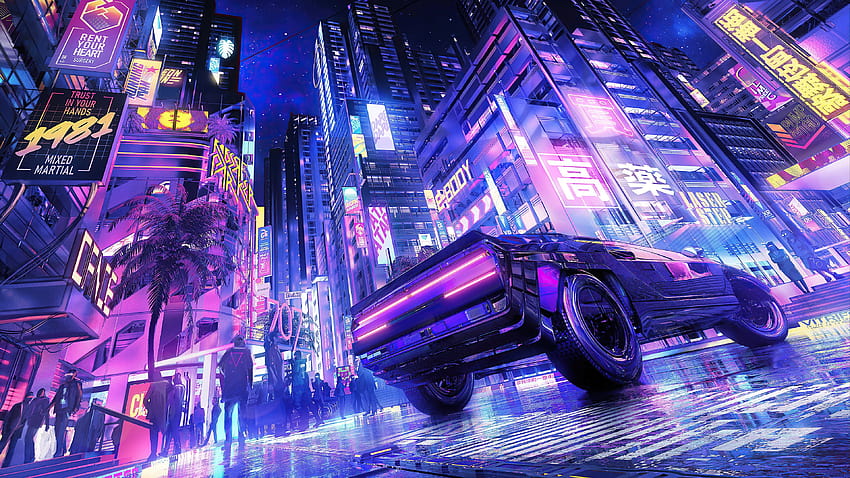 car, supercar, japan, anime, art, street, cyberpunk, kanji, japanse, section art in resolution 3840x2160, anime purple car HD wallpaper