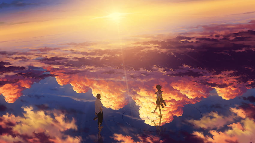2560x1440 Anime Landschaft, Jenseits der Wolken, Sonnenuntergang, Paar Anime Sonnenuntergang HD-Hintergrundbild