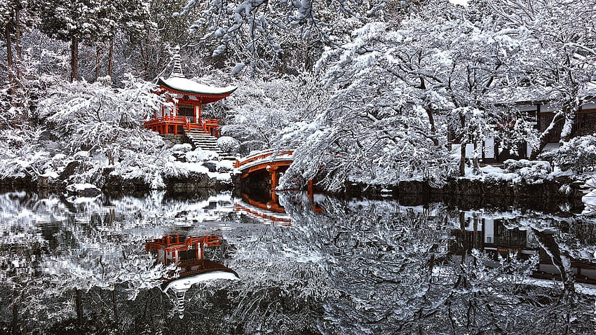 Japan, Temple, Snow, Winter, Reflection, Pond, Kyoto / and Mobile Backgrounds, winter pond HD wallpaper
