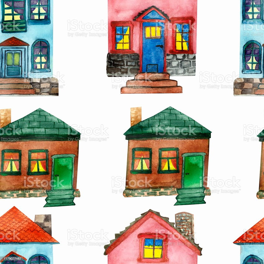Acuarela pintada a mano Town Street Patrón sin costuras con una casa marrón de un piso y casas de dos pisos rosa y azul aisladas en los s blancos para textiles y stock de ilustración fondo de pantalla del teléfono