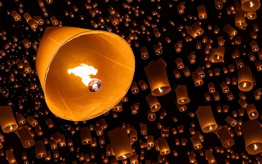 night sky lanterns paper fire HD wallpaper