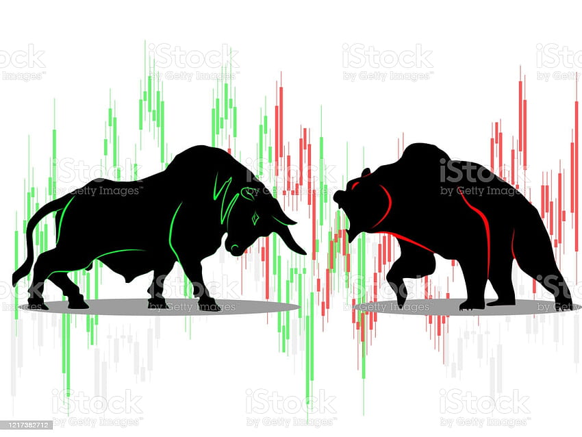 Stier gegen Bär Symbol der Aktienmarktentwicklung auf weißer Hintergrund-Illustration Stock Illustration HD-Hintergrundbild