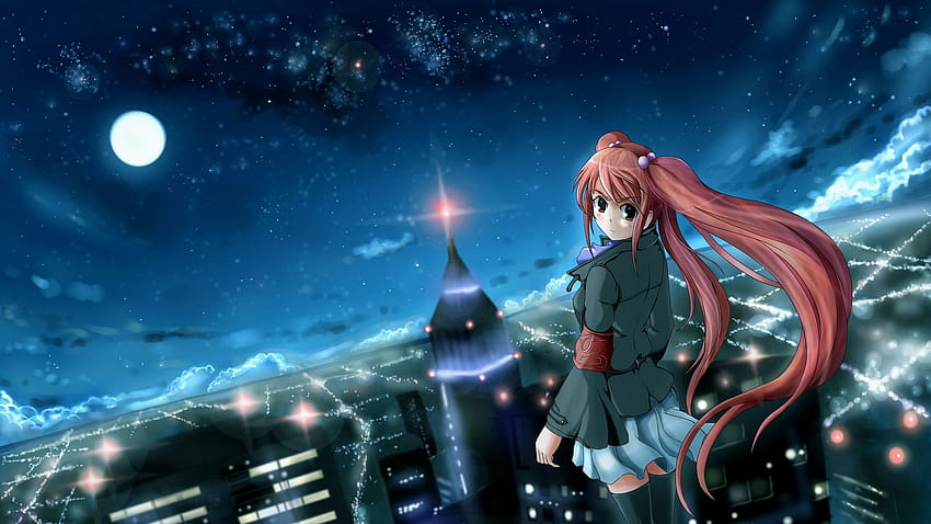 2048x1152 anime, girl, city, night, wind ultrawide monitor backgrounds, ultrawide anime night HD wallpaper