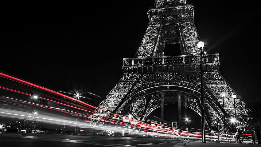 Black And White Of Paris Eiffel Tower And Red Lights On Road With Dark Sky Backgrounds During Night Travel, black paris HD wallpaper