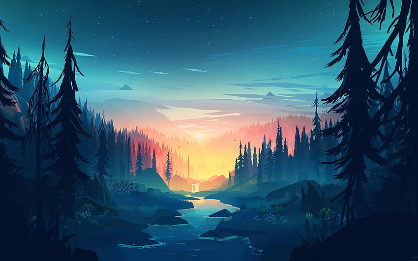 2880x1800 Flache Landschaft, Minimalismus, Bäume, Sonnenuntergang, Fluss bei Sonnenuntergang HD-Hintergrundbild