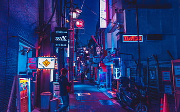 Alley, neon light, neon, street, love hotel, blue, japanese love hotel ...