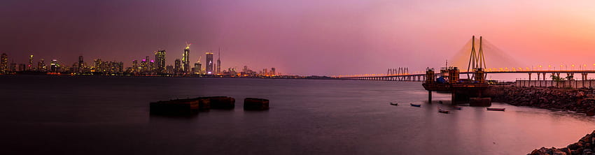 Body of water,bridge, and city view during sunset, bandra, worli, bandraworli sea link HD wallpaper