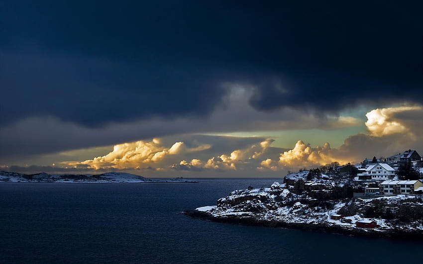 Океан Море: Бряг Зима Норвежка линия Берген Океански вълни HD тапет