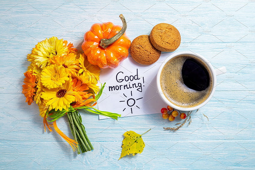 Notes good morning and coffee mug containing flower, calendula, and autumn, autumn coffee flowers HD wallpaper