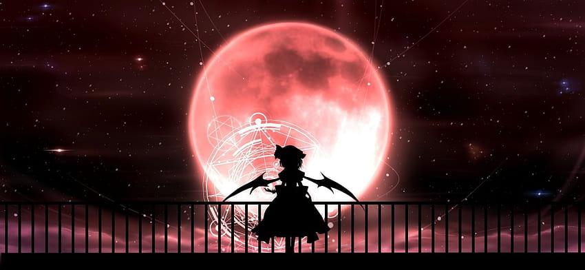 Hat magic minust moon night remilia scarlet short hair silhouette skirt sky stars touhou wings HD wallpaper