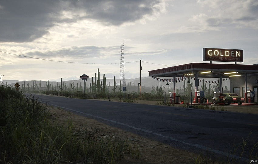 station, highway, cacti, Desert Gas Station, Golden HD wallpaper