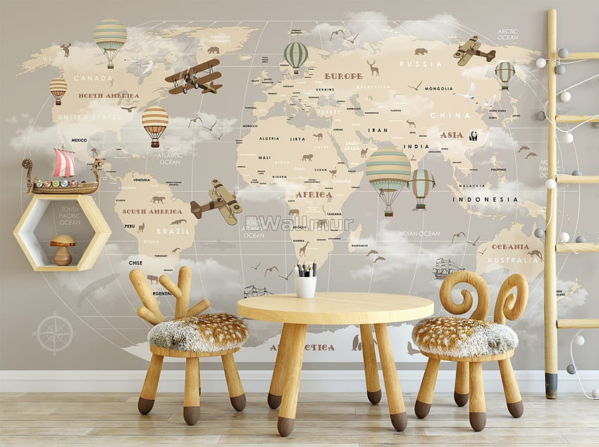 Beige Kids World Map with Hot Air Balloon Mural HD wallpaper