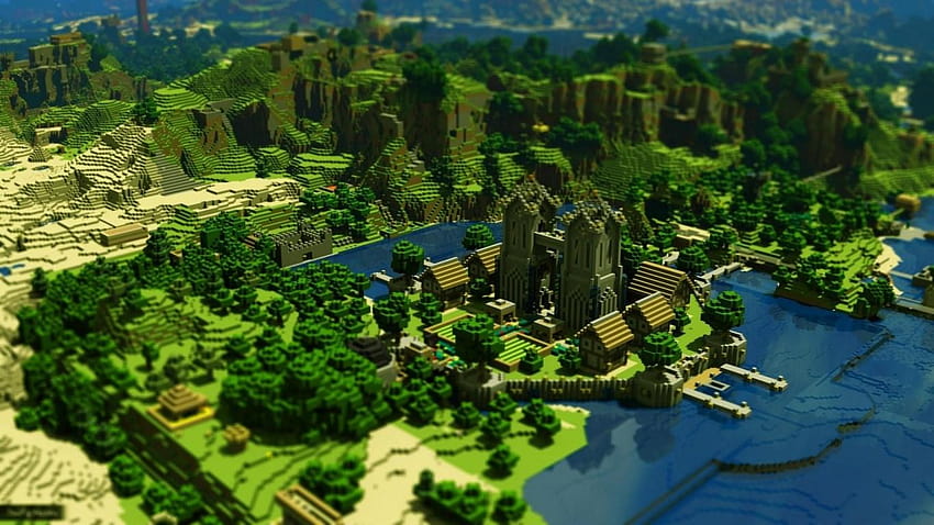 Minecraft Village Green Trees Mountains Water HD wallpaper